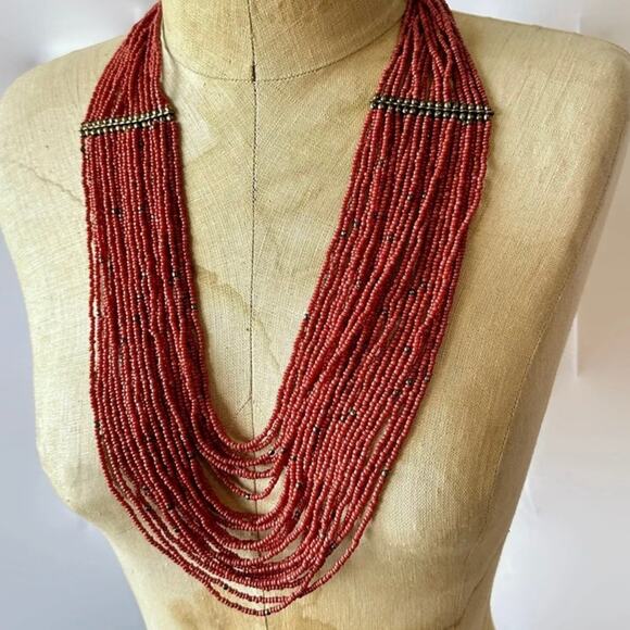 Red Necklace, Bohemian, Glass Beads, Multi Strand, Glass Beads, Vintage Necklace - Picture 2 of 2